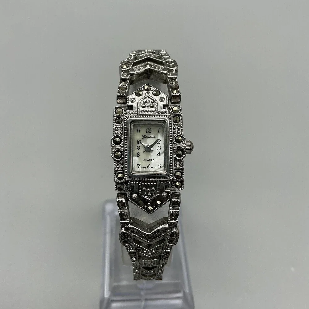 Geneva Platinum 3049 Womens Watch 17mm Silver Tone Marcasite New Battery 6.75